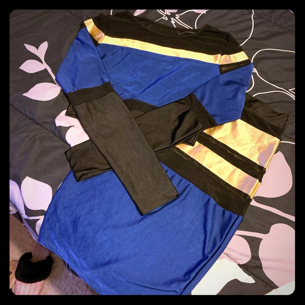 BLUE/gold/mesh crop top midi skirt two piece